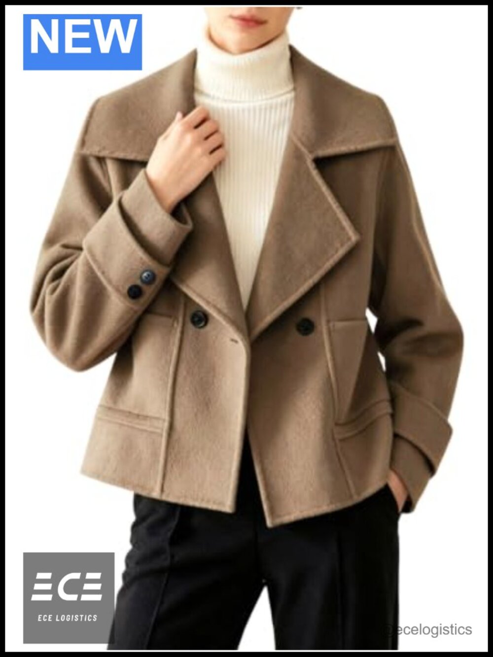 Cropped Wool Pea Coat Notched Lapel Button Pockets Winter Work Office